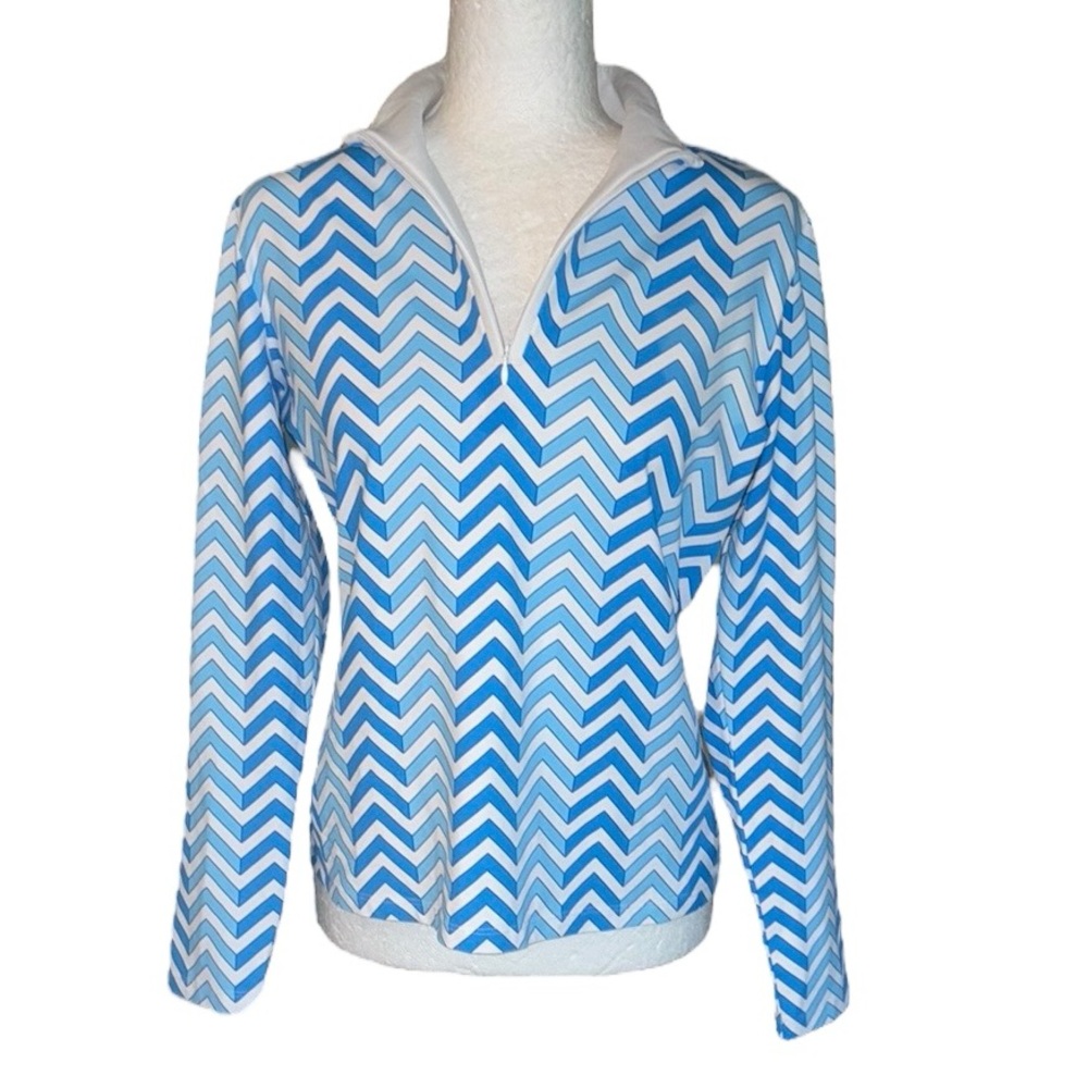 J. McLaughlin Ace Blue & White Chevron Zigzag Print Quarter Zip Pullover Top - M